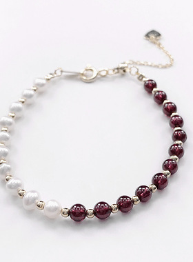 通体s925纯银天然石榴石手链女韩版珍珠简约清新学生个性森系闺蜜