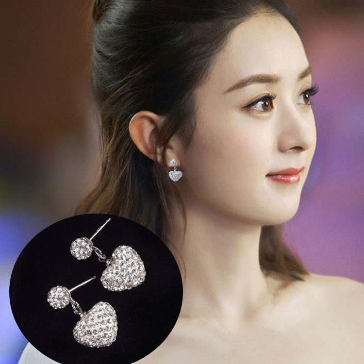 钻耳钉网红耳环超闪心型气质甜美少女桃心耳坠纯银耳饰明星同款
