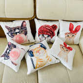 北欧可爱小猫枕套客厅沙发方形棉麻抱枕女生午睡护腰靠垫礼品靠枕