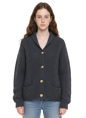 BM秋冬V型翻领针织上衣 复古爷爷风灰色麻花口袋宽松毛衣开衫外套