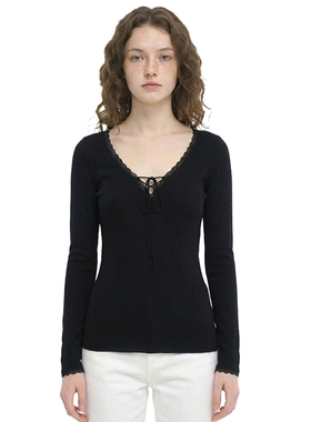 BM新品 美式纯欲风V领花边抽绳系带长袖T恤黑色百搭打底衫上衣爆