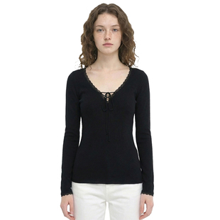 T恤黑色百搭打底衫 纯欲风V领花边抽绳系带长袖 上衣爆 美式 BM新品