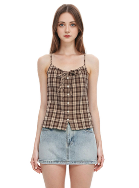BM新品吊带外搭 美式复古棕色格子胸前抽绳系带纽扣背心无袖上衣