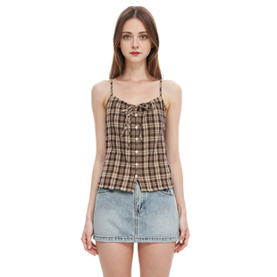 复古棕色格子胸前抽绳系带纽扣背心无袖 美式 上衣 吊带外搭 BM新品
