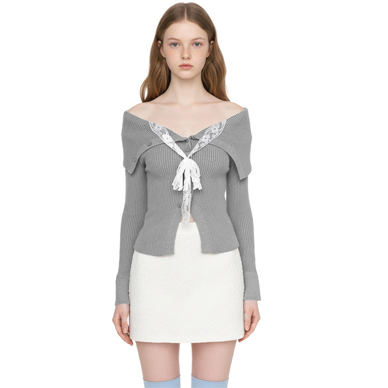 BM蕾丝飘带针织衫纯欲风翻领