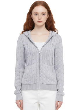 BM连帽针织衫 美式慵懒风灰色拉链开衫外套绞花纹百搭卫衣毛衫新