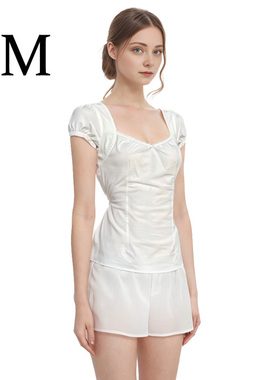 BM春夏新品 纯欲风白色UV领蕾丝法式泡泡袖短收腰系带上衣小衬衫