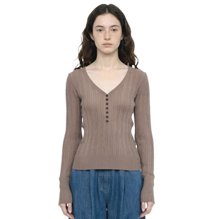 美式 显瘦极简打底衫 复古浅棕色V领扣子针织衫 修身 新 女长袖 BM上衣