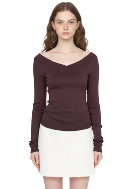 BM针织衫 复古温柔交叉V领一字肩女长袖修身打底衫棕色修身上衣新