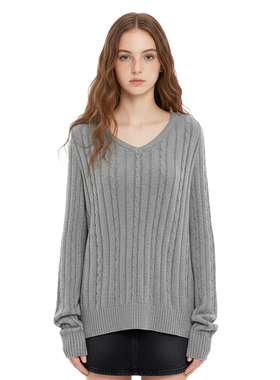 BM格雷系毛衣 秋冬绞麻花纹灰色V领宽松长袖中长款气质针织套头衫