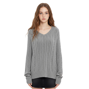 气质针织套头衫 中长款 秋冬绞麻花纹灰色V领宽松长袖 BM格雷系毛衣