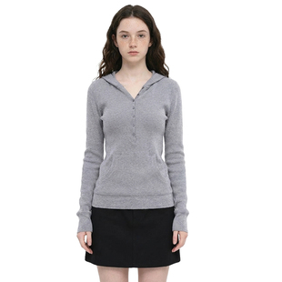 连帽卫衣长袖 华夫格亨利纽扣领修身 套头百搭针织上衣 美式 BM新品