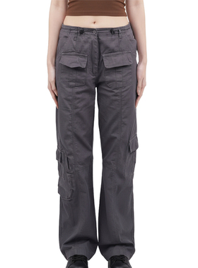 BM酷飒风工装裤 美式复古高街设计感灰色直筒显瘦休闲多口袋长裤