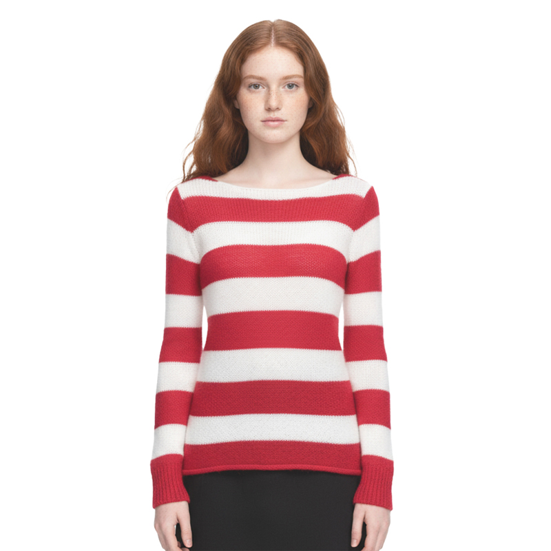 BM秋日慵懒氛围感 红白条纹宽松马海毛毛衣镂空针织卷边罩衫上衣