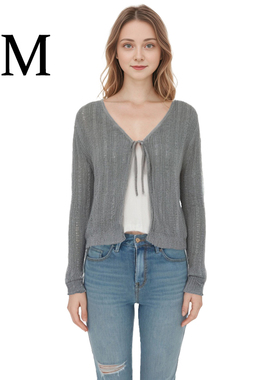 BM谭松韵同款系带美式薄款针织开衫纯色V领网眼长袖空调衫外套秋