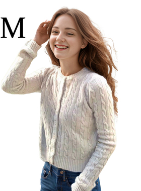 BM美式风针织衫赵露思灰色麻花圆领气质修身纽扣百搭开衫外套女新