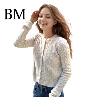 纽扣百搭开衫 赵露思灰色麻花圆领气质修身 外套女新 风针织衫 BM美式