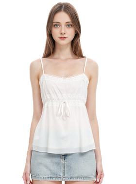 BM蕾丝花边吊带 少女感白色外穿夏季无袖胸前绑带娃娃衫抹胸背心