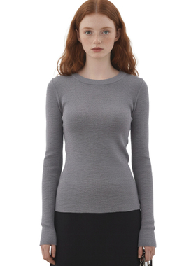 BM长袖打底衫 2025秋冬赵露思同款灰色极简圆领收腰百搭针织衫女