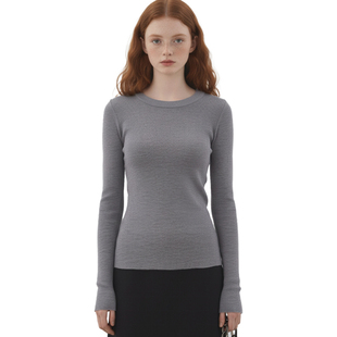 灰色极简圆领收腰百搭针织衫 2025秋冬赵露思同款 女 打底衫 BM长袖