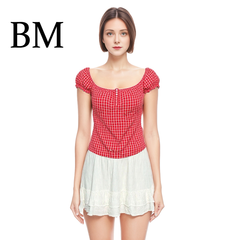 BM2025春夏红色格子短袖上衣
