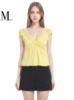 BM一字领短袖衬衫 奶酪黄色荷叶边收腰阳光明媚显白纯欲风上衣夏