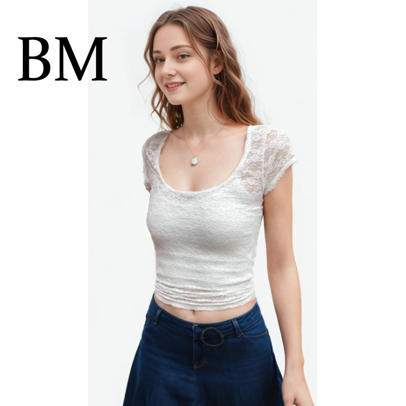 BM白色蕾丝短袖上衣女辣妹透视圆领百搭显瘦蕾丝叠穿打底罩衫夏新