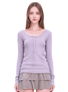 BM2025新款针织衫 美式复古紫色六粒扣长袖螺纹圆领百搭T恤上衣女
