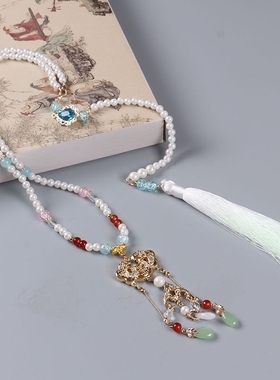 长款后缀流苏璎珞背云项链明制汉服配饰古风平安长命锁项圈颈链饰