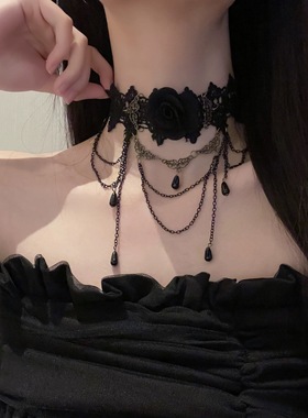 黑色蕾丝脖子配饰装饰项链女项圈流苏吊坠玫瑰花颈带choker暗黑系