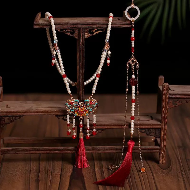 新中式马面裙配饰璎珞背云流苏古风汉服红色过年项链结婚明制项圈