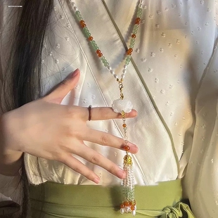 新中式莲花璎珞马面裙配饰长背云流苏古风汉服软璎珞压襟毛衣项链