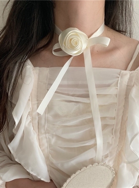 山茶花花朵锁骨链无扣绑带黑色暗黑系复古小众设计法式脖颈链项圈