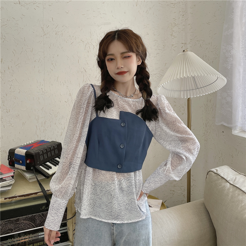 Real price ~ Korean style irregular suspender Vest + bubble sleeve loose perspective shirt two-piece set