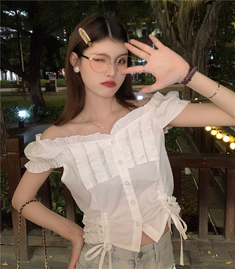 Real price ~ French square neck high waist bubble sleeve short sleeve shirt white fungus edge design top