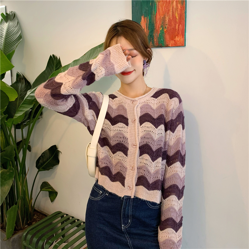 Real price ~ lazy style versatile striped cardigan sweater coat loose knit top