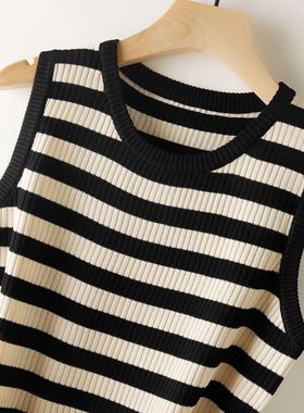 圆领宽松条纹吊带背心女针织衫无袖上衣百搭休闲款女士夏季螺纹