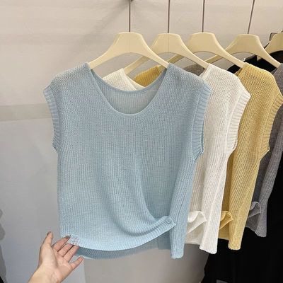 韩版蓝色圆领冰丝针织背心女2025年夏季新款时尚百搭洋气无袖上衣