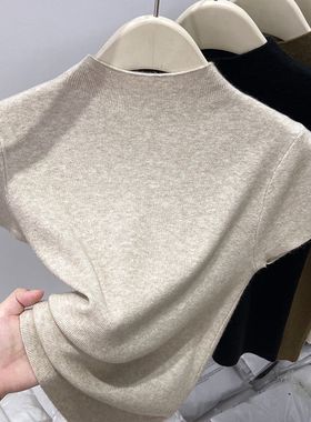 2025秋季新款半高领软糯短袖T恤针织衫女修身显瘦小立领打底上衣