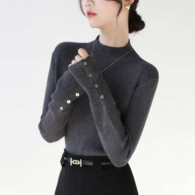 简约袖口纽扣半高领针织衫女2025秋冬新款坑条显瘦内搭毛衣打底衫