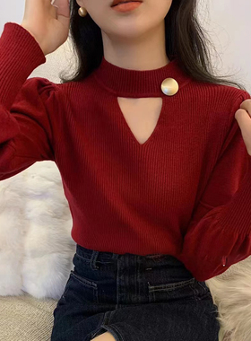 欧货2025秋冬新款设计感上衣洋气镂空针织衫女打底红色高级感毛衣