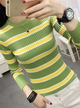 2025春秋季新款长袖拼色上衣条纹百搭圆领针织毛衣潮修身打底衫女