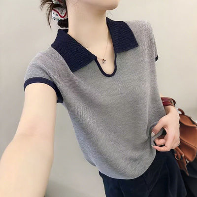 2025夏季新款翻领撞色针织衫小衫气质洋气短袖上衣冰爽丝t恤女
