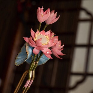 非遗绒花荷花黑檀木发簪手工绒花发夹抓夹日常国风汉服旗袍盘发饰