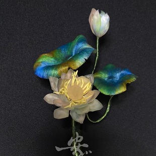 非遗绒花荷花黑檀木发簪手工绒花发夹抓夹日常国风汉服旗袍盘发饰