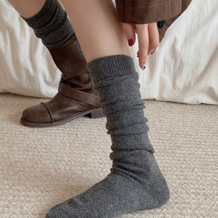 羊毛小腿袜女士秋冬季 百搭灰色加厚保暖羊绒性感柔软长筒堆堆袜