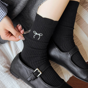 配小皮鞋 长款 堆堆袜 纯棉百搭秋冬季 蝴蝶结袜子女中筒袜黑色春秋款