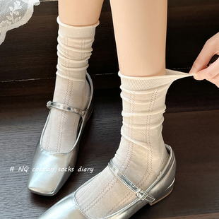白色堆堆袜女士夏季 透气网眼卷边jk月子袜夏天防臭文艺中筒袜 薄款