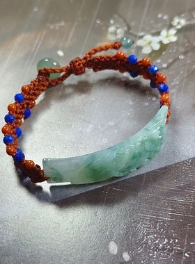 天然翡翠A货飘花孔雀手牌手链手工编织青金石南红珠新中式国风