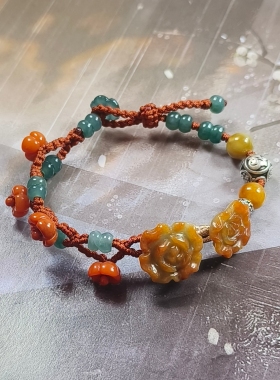 天然A货翡翠红翡花南红碗花蓝水珠手工设计编织手链女新中式国风